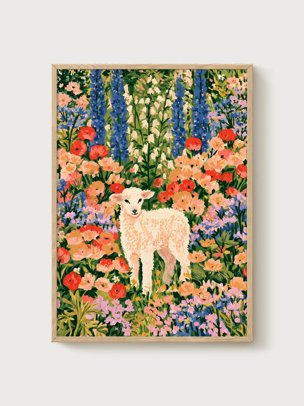 Lamb in Wildflower Meadow Print poster in oak frame