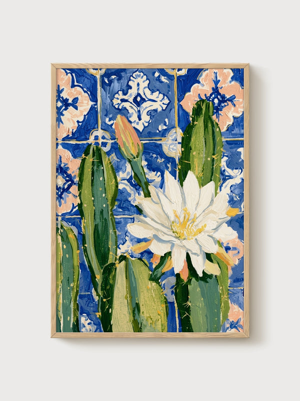 Cactus Flower Botanical Print poster in oak frame