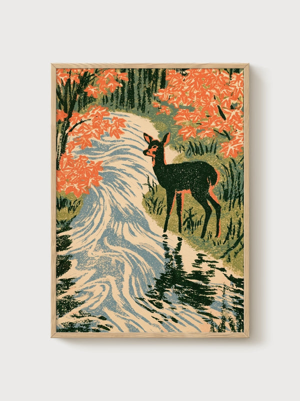Japanese Woodblock Deer Print poster in oak frame