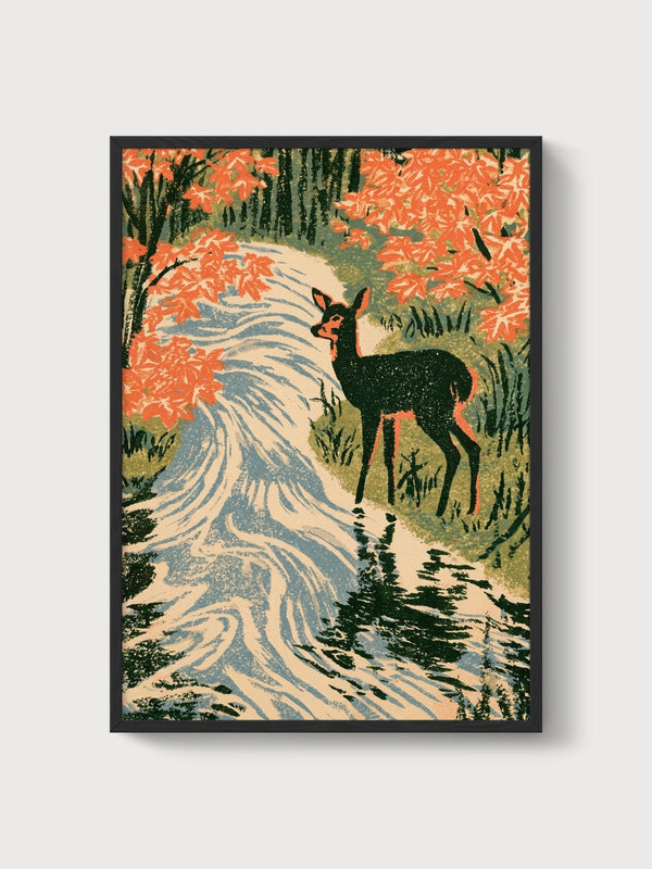 Japanese Woodblock Deer Print poster in black frame