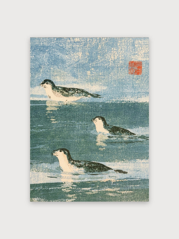 Japanese Seals Ocean Woodblock - Digital Download