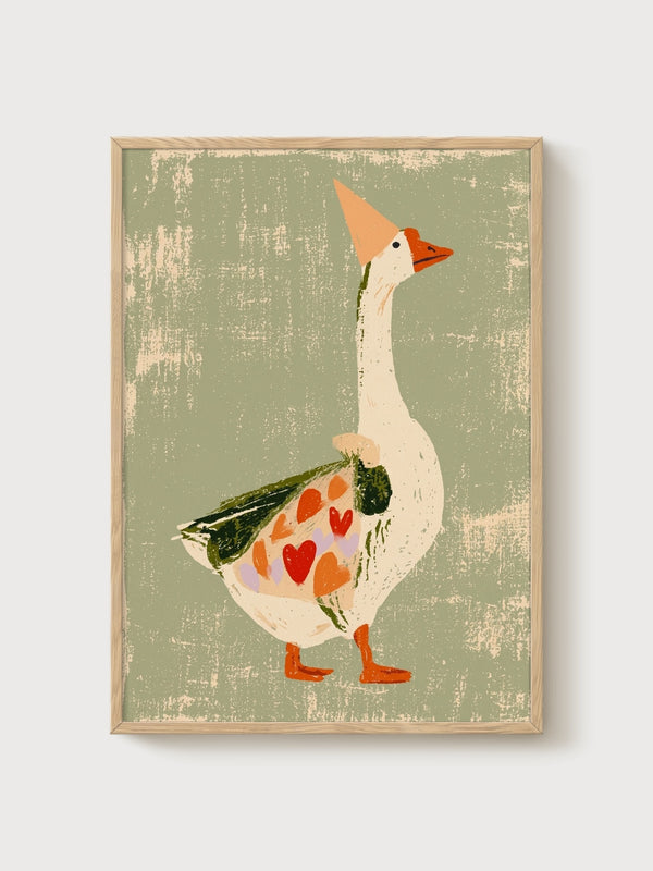 Silly Goose Print poster in oak frame