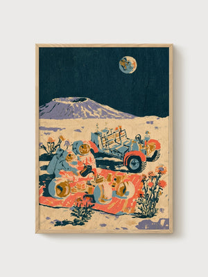 Moon Picnic Astronauts Poster poster in oak frame