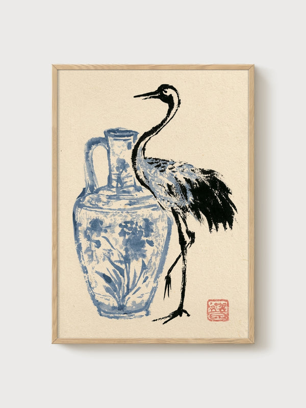 Crane Art Print poster in oak frame