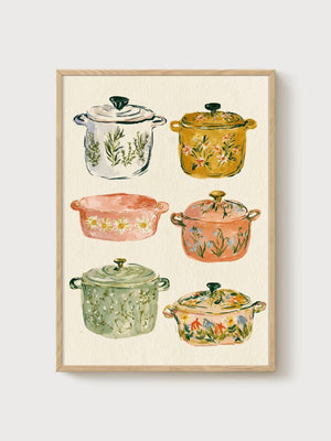 Watercolor Painting of Floral Dutch Ovens poster in oak frame
