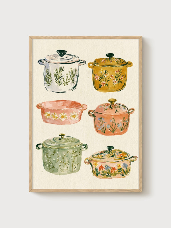 Watercolor Painting of Floral Dutch Ovens poster in oak frame