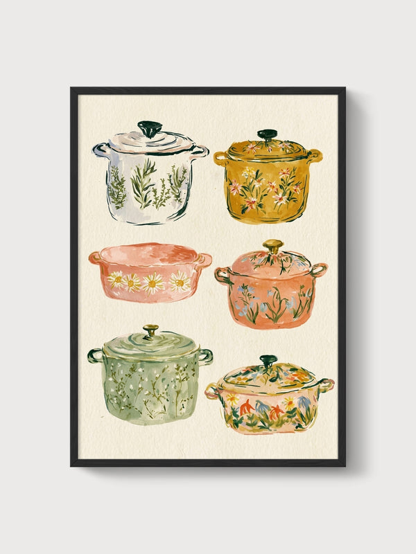 Watercolor Painting of Floral Dutch Ovens poster in black frame