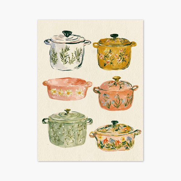Watercolor Painting of Floral Dutch Ovens art print