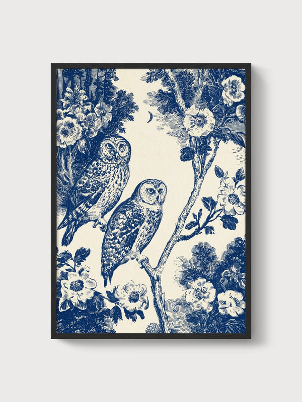 Blue Toile Owl Print poster in black frame
