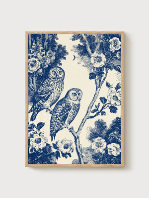 Blue Toile Owl Print poster in oak frame