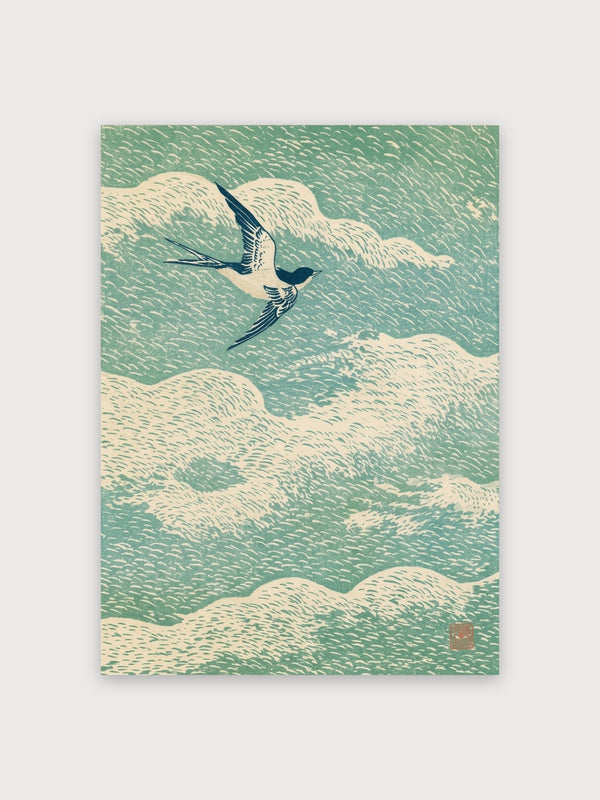 Bird Over Waves Japanese Woodblock - Digital Download