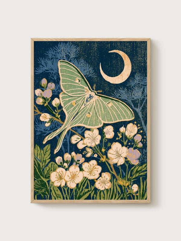 Luna Moth Art Nouveau Print poster in oak frame