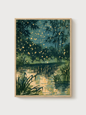 Fireflies Pond Night Sky Print poster in oak frame