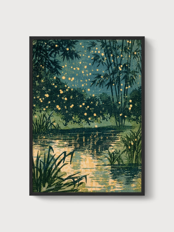 Fireflies Pond Night Sky Print poster in black frame
