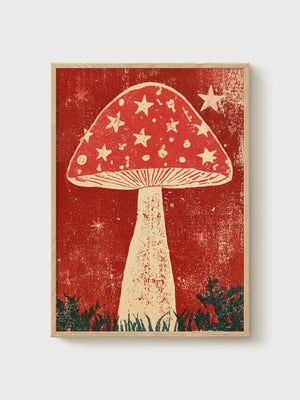 Mushroom Wall Art Linocut Print poster in oak frame
