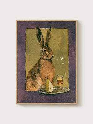 Watercolor Hare Rabbit Wall Art poster in oak frame