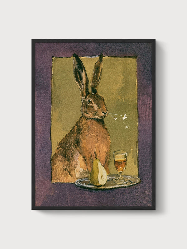Watercolor Hare Rabbit Wall Art poster in black frame