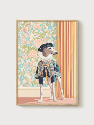 Whippet Renaissance Dog Painting poster in oak frame