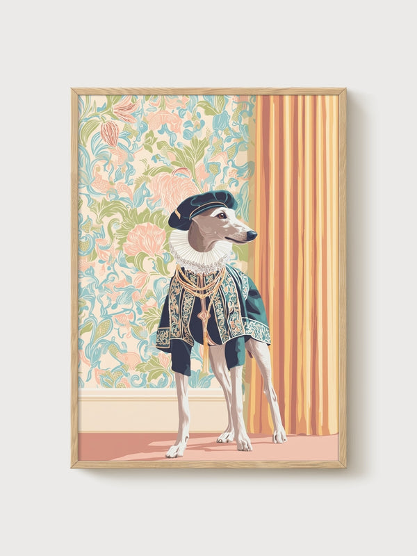 Whippet Renaissance Dog Painting poster in oak frame