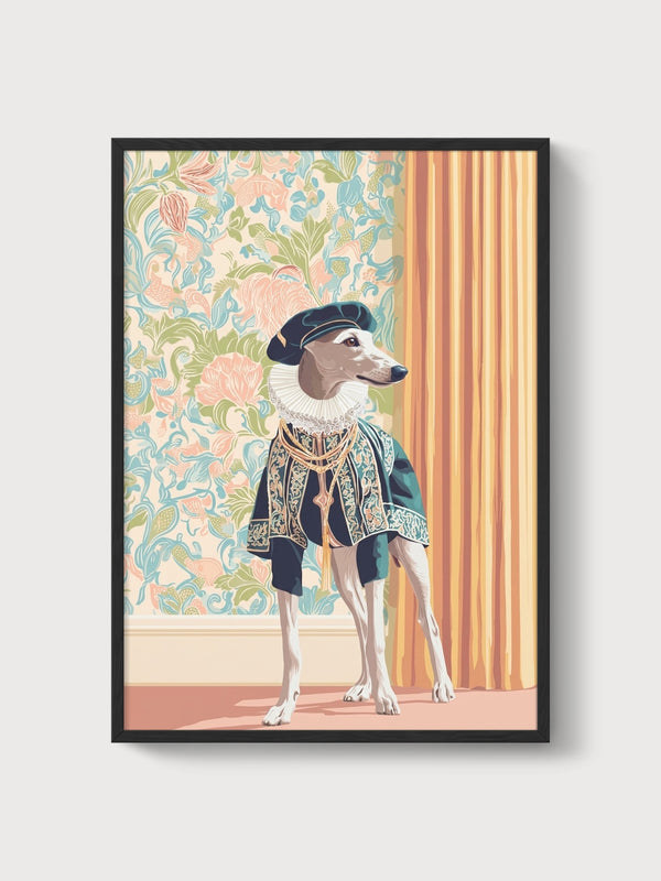 Whippet Renaissance Dog Painting poster in black frame