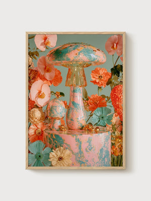 Mushroom Wall Art poster in oak frame