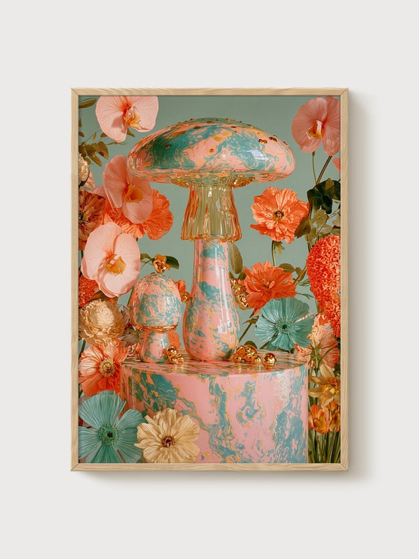 Mushroom Wall Art poster in oak frame