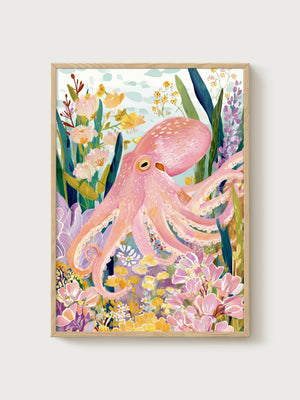 Octopus Wall Art poster in oak frame