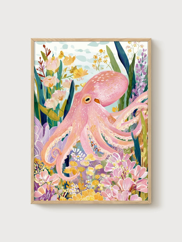 Octopus Wall Art poster in oak frame