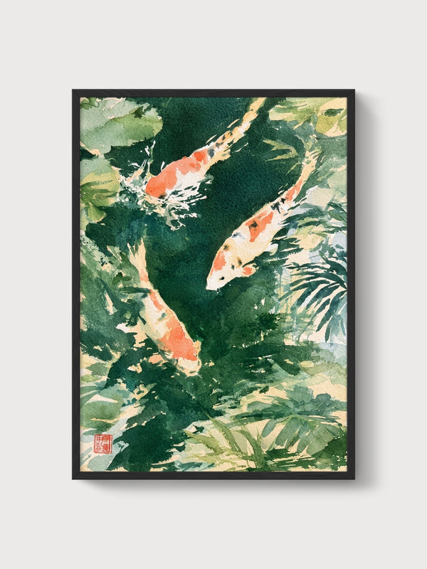 Koi Fish Watercolor Painting poster in black frame