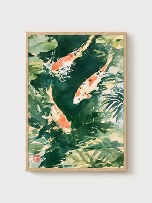 Koi Fish Watercolor Painting poster in oak frame