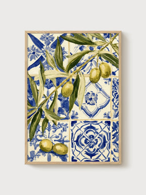 Olive Branch Watercolor Print poster in oak frame