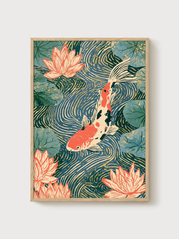 Koi Fish Wall Art poster in oak frame