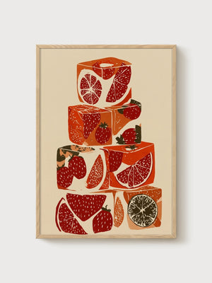 Strawberry Fruit Print poster in oak frame