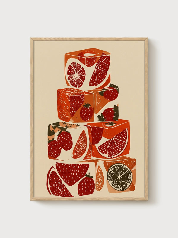 Strawberry Fruit Print poster in oak frame