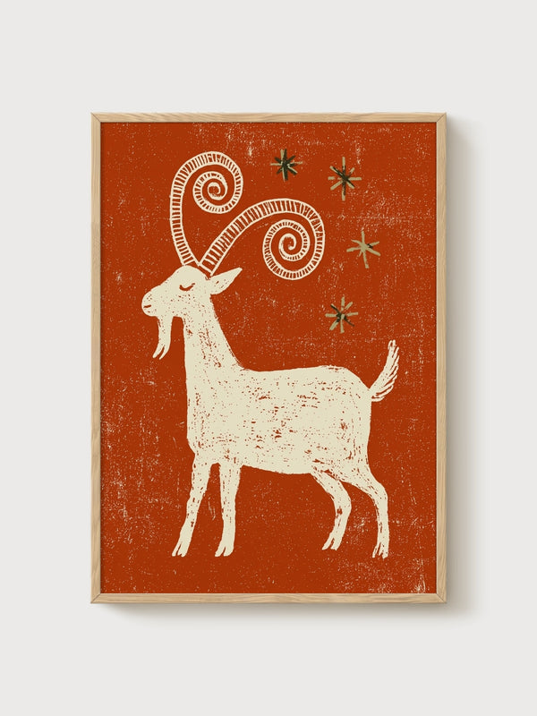 Folk Art Goat Print poster in oak frame