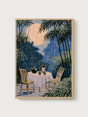 Bamboo Moon Tea Ceremony Print poster in oak frame