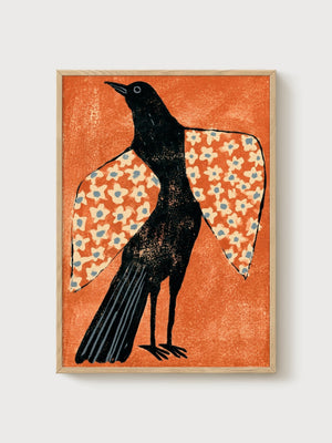 Folk Art Bird Print poster in oak frame