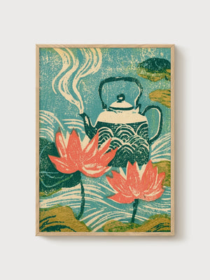 Lotus Flower Teapot Print poster in oak frame