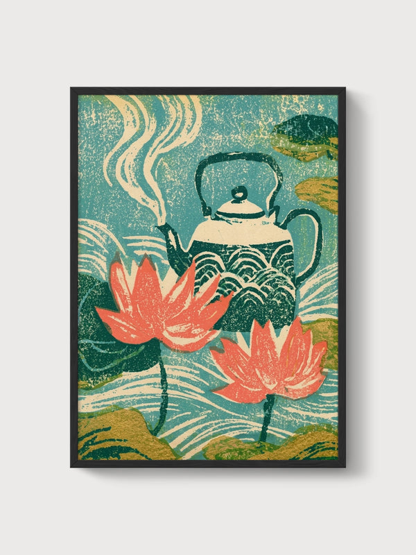 Lotus Flower Teapot Print poster in black frame