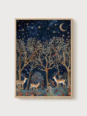 Deer Forest Wall Art poster in oak frame