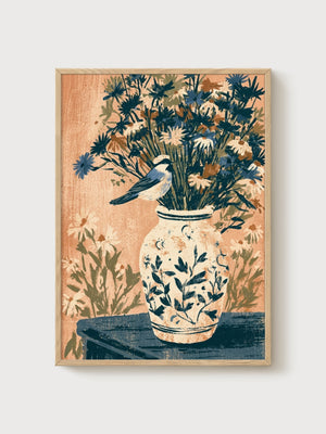 Bird Art Print poster in oak frame