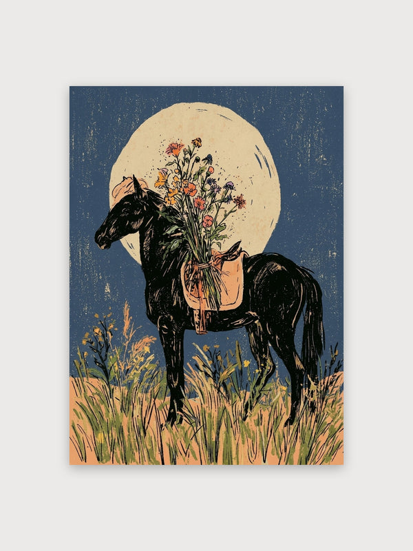 Horse With Flowers Under Moonlight - Digital Download