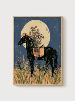 Vintage Horse Art poster in oak frame