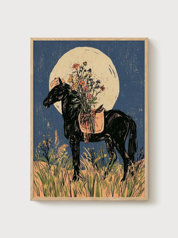 Vintage Horse Art poster in oak frame