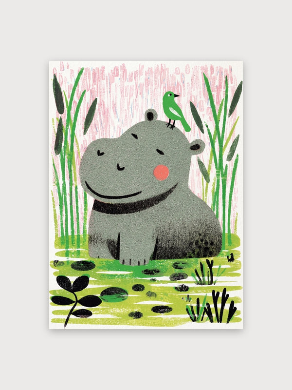 Happy Hippo With Bird In Marsh - Digital Download
