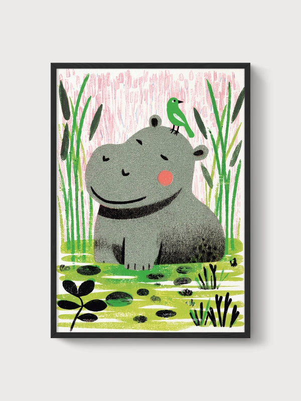 Hippo and Bird Marsh Painting poster in black frame