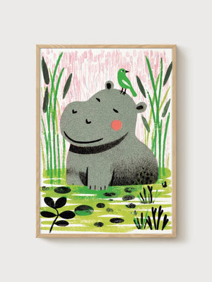 Hippo and Bird Marsh Painting poster in oak frame