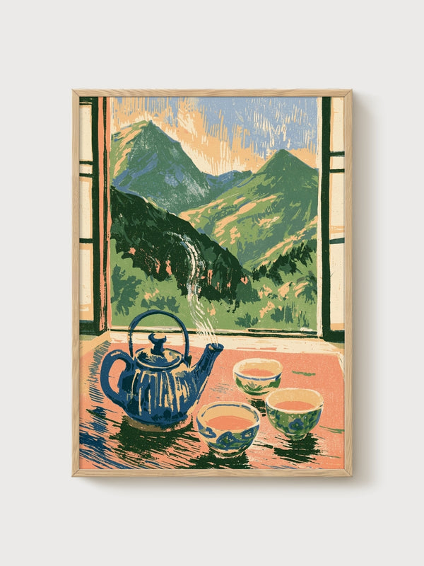 Mountain Wall Art Teapot Scene poster in oak frame
