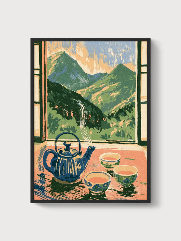 Mountain Wall Art Teapot Scene poster in black frame