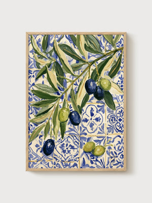 Olive Branch Watercolor Painting poster in oak frame
